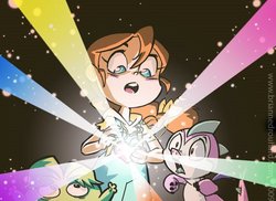 Size: 600x436 | Tagged: safe, artist:potatofarmgirl, megan williams, spike, bushwoolie, g1, g4, rainbow of light