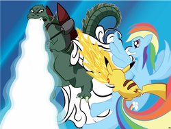 Size: 900x675 | Tagged: safe, artist:hazardus-havard, rainbow dash, kaiju, pikachu, g4, awesome, godzilla, godzilla (series), is that cartuneslover girlfriend, jetpack, wat