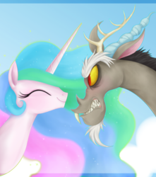 Size: 900x1019 | Tagged: safe, artist:mn27, discord, princess celestia, alicorn, draconequus, pony, g4, angry, cute, duo, eyes closed, female, flirting, frown, glare, gritted teeth, happy, male, sharp teeth, ship:dislestia, shipping, smiling, straight