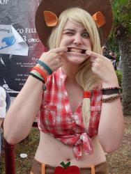 Size: 720x960 | Tagged: safe, artist:blackbeebee, applejack, human, g4, belly button, cosplay, front knot midriff, irl, irl human, midriff, photo, silly face, solo