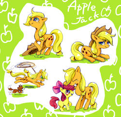 Size: 900x870 | Tagged: safe, artist:うるち米, apple bloom, applejack, winona, dog, earth pony, pony, g4, female, filly, foal, mare, pixiv