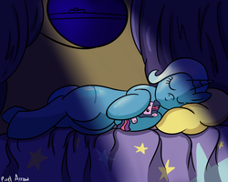 Size: 750x600 | Tagged: safe, artist:pixel-arrow, artist:pixelarrow, trixie, twilight sparkle, pony, unicorn, g4, bed, cute, eyes closed, female, happy, lying on bed, mare, on side, pillow, plushie, sleeping, smiling, solo