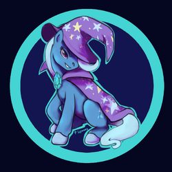 Size: 750x750 | Tagged: safe, artist:purplelemons, trixie, pony, unicorn, g4, abstract background, cape, clothes, female, hat, mare, smiling, solo, trixie's cape, trixie's hat