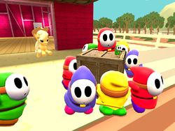 Size: 1024x768 | Tagged: safe, artist:pika-robo, applejack, shy guy, g4, 3d, gmod, male, mario, super mario bros.