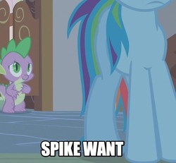 Size: 650x601 | Tagged: safe, edit, edited screencap, screencap, rainbow dash, spike, g4, caption, eyes on the prize, image macro, looking at butt, text, tongue out