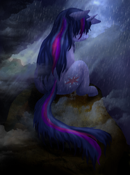 Size: 1068x1428 | Tagged: safe, artist:jewlecho, twilight sparkle, pony, g4, back, dark, rain, sad, solo, wet, wet mane