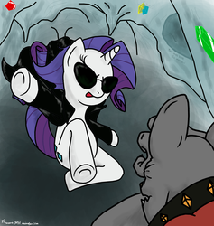 Size: 1859x1958 | Tagged: safe, artist:flowersimh, rarity, rover, diamond dog, a dog and pony show, g4, clothes, sunglasses, the matrix, trenchcoat