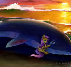 Size: 1152x1080 | Tagged: safe, artist:incinerater, artist:silverphoenix, fluttershy, whale, g4, crying, injured