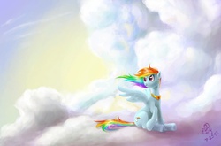 Size: 2786x1837 | Tagged: safe, artist:ellybethe, rainbow dash, pegasus, pony, journey of the spark, g4, concept art, element of loyalty, sitting, solo