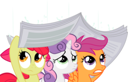 Size: 8322x5371 | Tagged: safe, artist:joemasterpencil, apple bloom, scootaloo, sweetie belle, earth pony, pony, g4, ponyville confidential, absurd resolution, cutie mark crusaders, female, filly, newspaper, rain, simple background, transparent background, vector