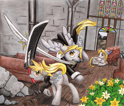 Size: 1280x1094 | Tagged: safe, artist:saij-spellhart, derpy hooves, pegasus, pony, g4, aerith gainsborough, cloud strife, crossover, derpies, female, final fantasy, final fantasy vii, mare, muffin, sephiroth, sword