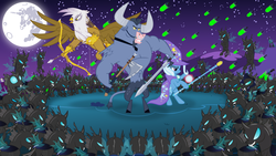 Size: 1920x1080 | Tagged: safe, artist:dewlshock, derpy hooves, gilda, iron will, queen chrysalis, trixie, changeling, changeling queen, griffon, minotaur, pegasus, pony, unicorn, g4, antagonist, army, arrow, axe, bipedal, bow (weapon), bow and arrow, female, fight, full moon, glare, gritted teeth, magic, mare, mare in the moon, moon, rearing, smirk, staff, sword, weapon