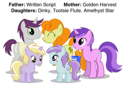 Size: 722x494 | Tagged: safe, amethyst star, carrot top, dinky hooves, golden harvest, liza doolots, petunia, sparkler, tootsie flute, written script, earth pony, pony, unicorn, g4, family, female, filly, foal, goldenscript, headcanon, male, mare, shipping, stallion, straight