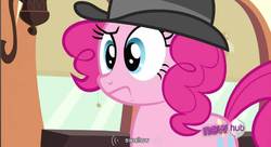 Size: 856x467 | Tagged: safe, screencap, pinkie pie, earth pony, pony, g4, mmmystery on the friendship express, confused, hat, sherlock pie, the hub, train, youtube caption