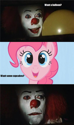 Size: 500x839 | Tagged: safe, pinkie pie, fanfic:cupcakes, g4, balloon, burned, duo, funny, funny as hell, ironic, irony, it, nope, oh snap, owned, pennywise, stephen king