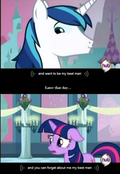 Size: 632x911 | Tagged: safe, screencap, shining armor, twilight sparkle, pony, unicorn, a canterlot wedding, g4, female, hub logo, male, mare, stallion, youtube caption