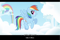 Size: 769x520 | Tagged: safe, screencap, rainbow dash, pony, g4, female, flying, like a boss, solo, youtube caption