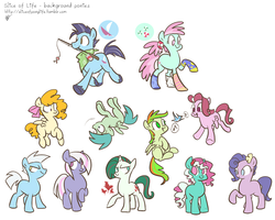 Size: 1500x1200 | Tagged: safe, artist:egophiliac, clipper (g1), fizzy, gusty, heart throb, lofty, mimic (g1), minty, powder, salty (g1), spring song, oc:softshoe, bird, pony, slice of pony life, g1, g3, g4, bandana, clothes, fishing rod, g1 to g4, generation leap, mouth hold, socks