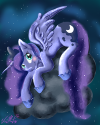 Size: 1024x1280 | Tagged: safe, artist:siempre-cayendo, princess luna, pony, g4, cloud, cloudy, female, night, prone, solo