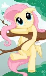 Size: 760x1253 | Tagged: safe, artist:ellybethe, fluttershy, pegasus, pony, g4, bandage, cute, female, hanging, injured, solo, tree