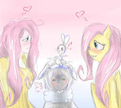 Size: 1259x1123 | Tagged: safe, artist:insanitylittlered, angel bunny, fluttershy, human, pony, g4, human ponidox, humanized, humanized pet