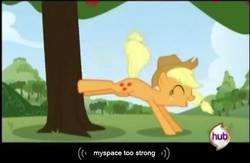 Size: 636x415 | Tagged: safe, screencap, applejack, earth pony, pony, g4, applebucking, eyes closed, female, hub logo, intro, mare, myspace, opening, solo, tree, youtube caption