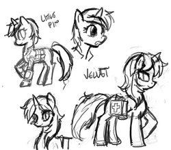 Size: 900x788 | Tagged: safe, artist:johnjoseco, oc, oc only, oc:littlepip, oc:velvet remedy, pony, unicorn, fallout equestria, :o, black and white, clothes, fanfic, fanfic art, female, grayscale, hooves, horn, jumpsuit, mare, medical saddlebag, monochrome, open mouth, pipbuck, raised hoof, saddle bag, simple background, smiling, vault suit, white background