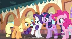 Size: 856x467 | Tagged: safe, screencap, applejack, pinkie pie, rarity, twilight sparkle, g4, mmmystery on the friendship express, hub logo, spanish, youtube caption