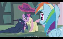 Size: 640x400 | Tagged: safe, screencap, fluttershy, rainbow dash, twilight sparkle, g4, the mysterious mare do well, hub logo, mare do well costume, youtube caption
