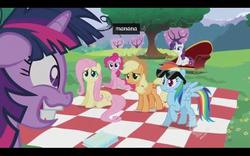 Size: 640x400 | Tagged: safe, screencap, applejack, fluttershy, pinkie pie, rainbow dash, rarity, twilight sparkle, g4, lesson zero, female, hub logo, youtube caption