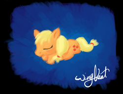 Size: 1167x896 | Tagged: safe, artist:wingbeatpony, applejack, earth pony, pony, g4, eyes closed, female, ponytail, prone, signature, sleeping, smiling, solo