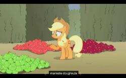 Size: 640x400 | Tagged: safe, screencap, applejack, keepers of the grove of truth, earth pony, pony, g4, the return of harmony, canterlot hedge maze, female, hedge maze, letterboxing, mare, maze, youtube caption