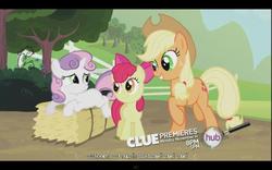 Size: 640x400 | Tagged: safe, screencap, apple bloom, applejack, sweetie belle, earth pony, pony, unicorn, g4, sisterhooves social, apple sisters, clue, horn, hub logo, logo, siblings, sisters, the hub, youtube caption