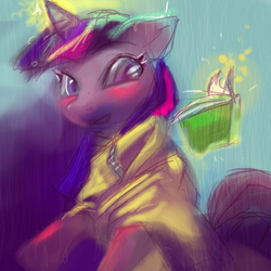 Size: 1000x1000 | Tagged: safe, artist:dohokraii, twilight sparkle, pony, g4, book, female, magic, rain, raincoat, solo