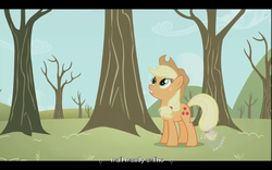 Size: 640x400 | Tagged: safe, screencap, applejack, earth pony, pony, g4, secret of my excess, female, hub logo, solo, youtube caption