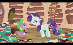 Size: 640x400 | Tagged: safe, screencap, rarity, spike, dragon, unicorn, g4, secret of my excess, book, duo, duo male and female, female, golden oaks library, horn, male, my mom, youtube caption