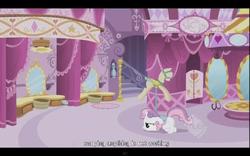 Size: 640x400 | Tagged: safe, screencap, sweetie belle, unicorn, g4, sisterhooves social, carousel boutique, female, filly, foal, horn, hub logo, mannequin, mirror, youtube caption