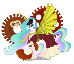 Size: 1829x1579 | Tagged: safe, artist:strixmoonwing, princess celestia, alicorn, pony, g4, clothes, cup, dress, female, hat, levitation, magic, mare, monocle, scarf, simple background, solo, steampunk, transparent background