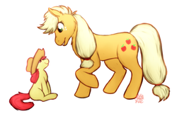 Size: 684x449 | Tagged: safe, artist:felan-tae, apple bloom, applejack, g4, accessory swap, hat