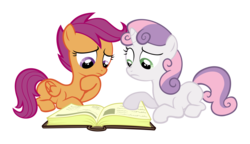 Size: 5000x2879 | Tagged: safe, artist:delectablecoffee, scootaloo, sweetie belle, pegasus, pony, unicorn, g4, hearts and hooves day (episode), book, confused, duo, duo female, female, looking at book, looking down, reading, simple background, transparent background, vector