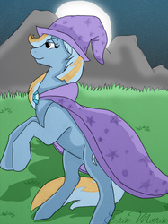 Size: 805x1077 | Tagged: safe, artist:insomniacawake, trixie, pony, unicorn, g4, alternate design, alternate hair color, cape, clothes, female, grass, hat, mare, moon, mountain, night, night sky, rearing, sky, solo, stars, trixie's brooch, trixie's cape, trixie's hat