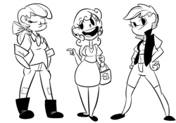Size: 1280x896 | Tagged: dead source, safe, artist:tess, apple bloom, scootaloo, sweetie belle, human, g4, humanized, monochrome, older