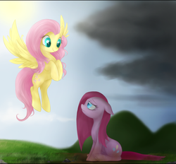 Size: 900x834 | Tagged: safe, artist:mn27, fluttershy, pinkie pie, earth pony, pegasus, pony, g4, colored pupils, duo, pinkamena diane pie, sad, smiling