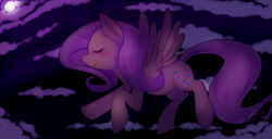 Size: 1586x813 | Tagged: safe, artist:casocat, fluttershy, pegasus, pony, g4, cloud, eyes closed, female, flying, full moon, mare, moon, night, profile, smiling, solo, spread wings, wings