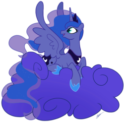 Size: 1157x1140 | Tagged: safe, artist:egophiliac, princess luna, alicorn, pony, g4, cloud, female, looking back, mare, prone, simple background, solo, transparent background