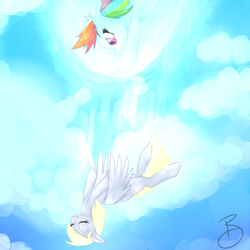 Size: 2000x2000 | Tagged: safe, artist:casocat, derpy hooves, rainbow dash, pegasus, pony, g4, cloud, cloudy, duo, eyes closed, falling, female, flying, high res, mare