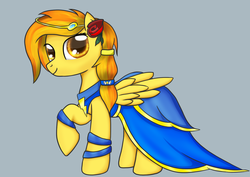 Size: 1480x1050 | Tagged: dead source, safe, artist:sierraex, spitfire, pegasus, pony, g4, clothes, dress, female, flower, flower in hair, gray background, loose hair, mare, prom dress, raised hoof, simple background, solo