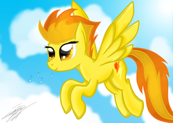Size: 1480x1050 | Tagged: dead source, safe, artist:sierraex, spitfire, pegasus, pony, g4, female, mare, music notes, signature, sky background, solo