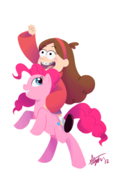 Size: 653x941 | Tagged: safe, artist:capriciouscanine, pinkie pie, earth pony, human, pony, g4, crossover, female, gravity falls, humans riding ponies, mabel pines, male, mare, riding, simple background, transparent background