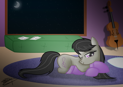 Size: 1480x1050 | Tagged: dead source, safe, artist:sierraex, octavia melody, earth pony, pony, g4, bedroom eyes, cello, clothes, female, indoors, mare, musical instrument, sleepy, socks, solo, wink